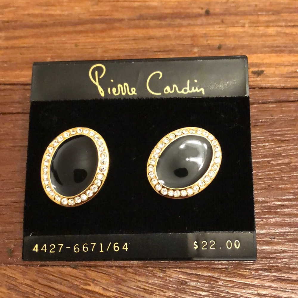 Vintage Pierre Cardin Black Oval Clip On Earrings Gold Tone Rhinestone Statement
